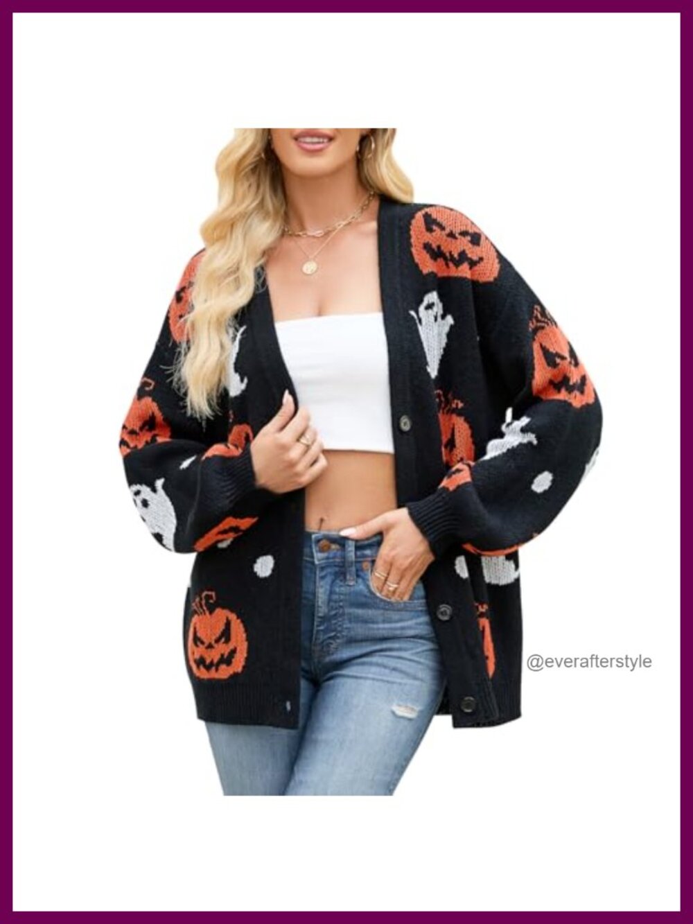 Women's Halloween Pumpkin Ghost Cardigan V-Neck Long Sleeve Button Sweater